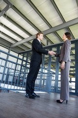 Businessman shaking hands with businesswoman