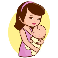 Mother holding her sleeping baby. Vector illustration