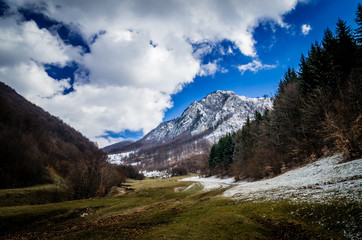 Obraz premium Panoramic view of beautiful mountain landscape in spring. Springtime in mountains. There are a chalet in the meadow.