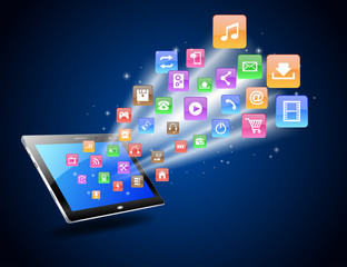 Futuristic Mobile Phone Vector Illustration with Holographic World Map and Social Media Icons