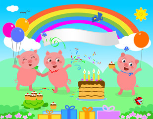 The three little pigs are celebrating a happy birthday