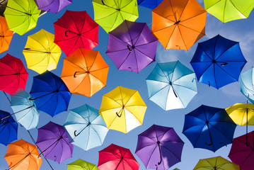 Colorful umbrellas in the sky, street decoration