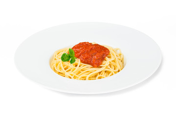 Dish of spaghetti bolognese on white background