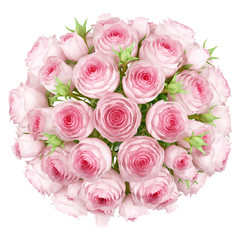 Obraz na płótnie Canvas top view of bouquet of pink roses isolated on white background