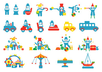 Amusement park clown icon set