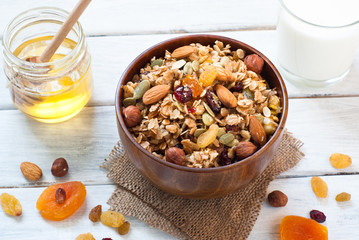 Granola in a wooden bowl.
