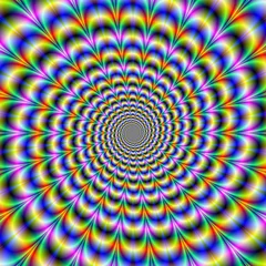 Foto auf Acrylglas Psychedelischer Wirbel / Ein abstraktes Fraktalbild mit einem psychedelischen Spiraldesign in Blau, Gelb, Violett und Grün. © Objowl