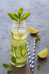 Infused water with cucumber lime and mint in a bottle