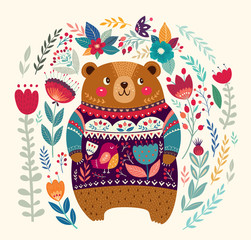 Vector illustration with adorable bear, flowers and leaves