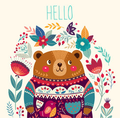Naklejka premium Vector illustration with adorable bear, flowers and leaves