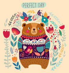 Vector illustration with adorable bear, flowers and leaves