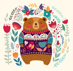 Vector illustration with adorable bear, flowers and leaves 