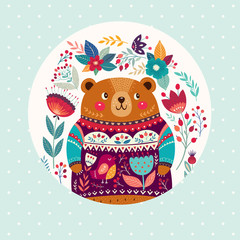 Vector illustration with adorable bear, flowers and leaves in a circle