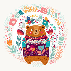 Fototapeta premium Vector illustration with adorable bear, flowers and leaves