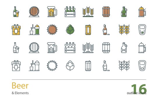 Set of vector outline Beer icons. Color and colorless.