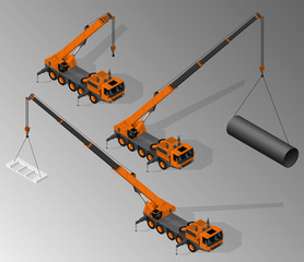 Vector isometric illustration of three views of mobile crane. Equipment for the construction industry.