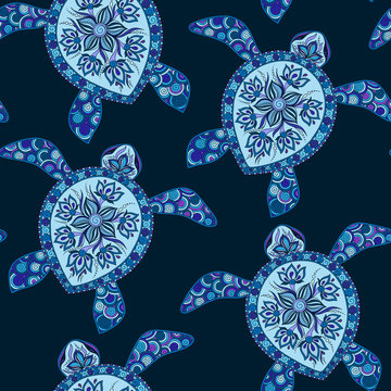 Seamless pattern with turtles.  Indian mehndi style