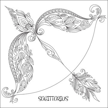  Hand drawn line flowers art of zodiac Sagittarius.