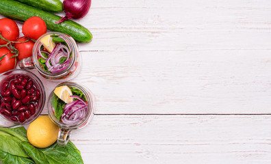 Homemade healthy salad in glass jar. Vegetarian concept. Background.