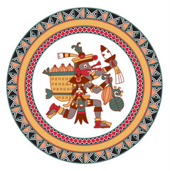 aztec cacao bean, leaves, pattern, nibs, maya on red, grey, gree