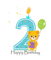 Happy second birthday candle. Baby birthday greeting card with teddy bear vector background