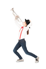 Fototapeta na wymiar little girl with trumpet on a white background