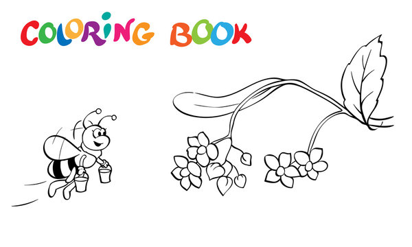 Coloring book or page. Fanny honeybee and flowers. - vector illustration.