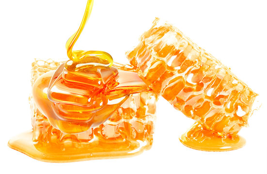 Dripping Honey On Honeycomb Isolated