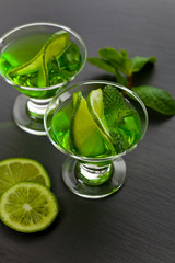 Lime and Mint, Green Vodka Drink. Selective focus.