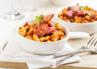 Spanish migas dish made with chorizo, garlic and bread crumbs