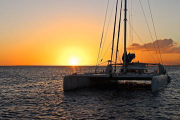 Segelkatamaran im Sonnenuntergang in der Karibik 