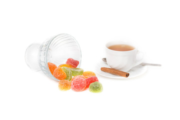 multi-colored candy and tea