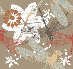 Autumn pattern with flowers and dragonfly's