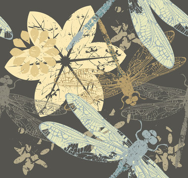 Seamless Autumn pattern with flowers and dragonfly's