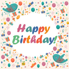 Fototapeta na wymiar Birthday card with cute birds,flowers and balloons,Ice Cream gifts.