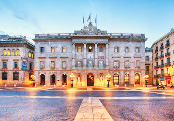 City council on Barcelona, Spain. Plaza de Sant Jaume. - obrazy, fototapety, plakaty