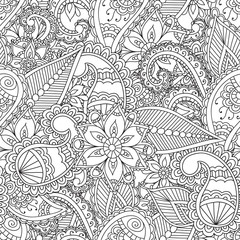 Coloring pages for adults. Seamles Henna Mehndi Doodles Abstract Floral Elements.