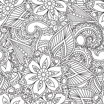 Coloring pages for adults. Seamles Henna Mehndi Doodles Abstract Floral Elements.