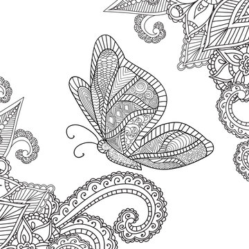 Coloring pages for adults.Henna Mehndi Doodles Abstract Floral Elements with a butterfly.