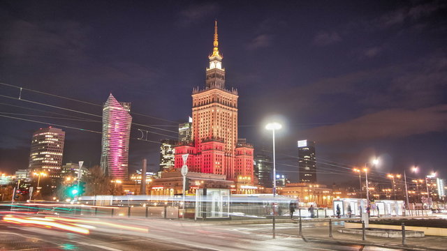Palace of Culture and Science, Warsaw. Night time lapse on the main street of Warsaw.