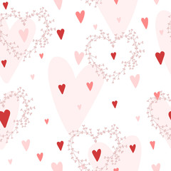 Vector seamless pattern with hearts different shades of red and floral wreaths. Good for Valentine's Day cards, wedding invitations, etc. - 106627516