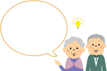 シニア夫婦　吹き出し　ひらめき　発見