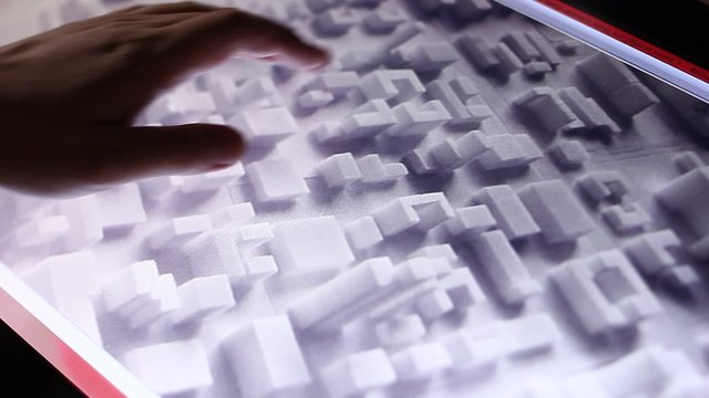 3d model of city buildings on touch screen computer