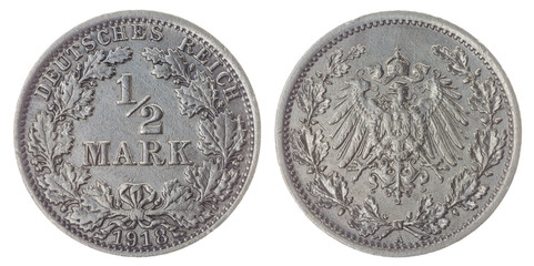 Half mark 1918 coin isolated on white background, Germany