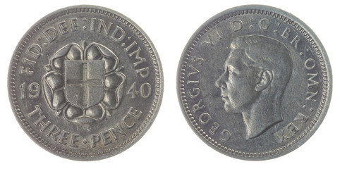 3 pence 1940 coin isolated on white background, Great Britain