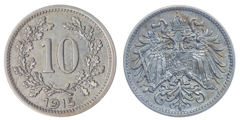 10 heller 1915 coin isolated on white background, Austro-Hungari
