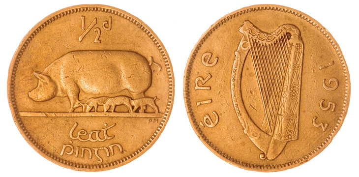 Half penny 1953 coin isolated on white background, Ireland