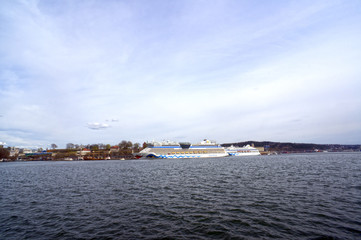 View from the sea to a cruise ship, Oslo and the Oslo Fjord. Norway, May 08, 2013