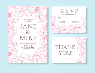 Vintage elegant wedding invitation card template set with anemon