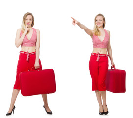 Travelling woman with suitcase isolated on white